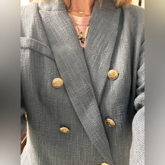 Unbranded Nubby Tweed Slate Blue Blazer With Gold Buttons Very Chic!! Sz XL - Picture 8 of 15